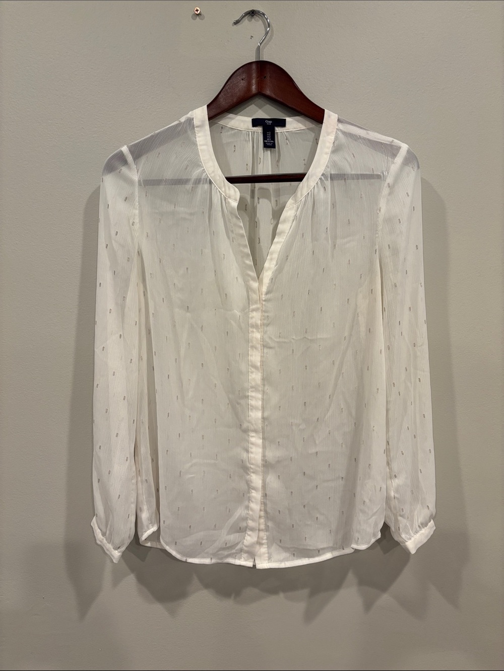 GAP White Sheer Dot-Texture Split-Neck Blouse